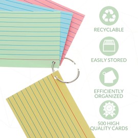 500 Pcs Index Cards with Holes Punched Lined Flash Cards with Rings Metal Rings for Index Cards Ruled Single Hole Note Cards with Rings for Adults Kids Home Classroom Office (Patel Color, 3 x 5 Inch)