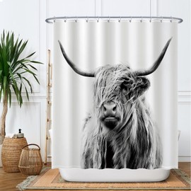 Ulticool Shower Curtain - Scottish Highlander Black White - 180 x 180 cm - Anti Mould - Washable - Waterproof - with 12 Rings