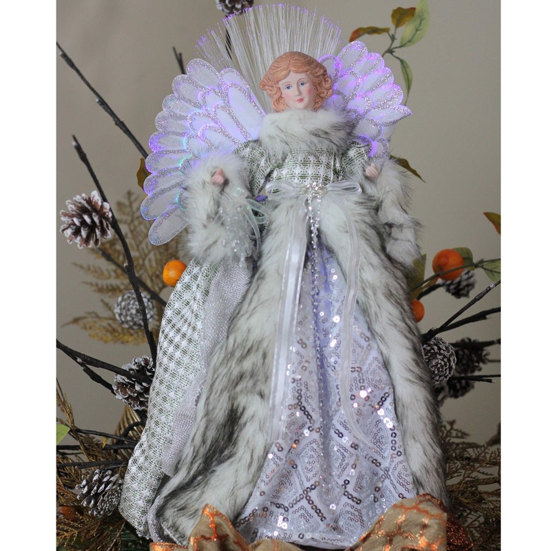 NORTHLIGHT 16" Lighted Fiber Optic Angel in Silver Gingham Coat