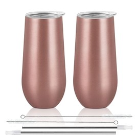 Lifecapido 2 Pack Insulated Champagne Tumblers, 12oz Stemless Champagne Flutes, Stainless Steel Champagne Flute Tumblers, Insulated Champagne Glass for Birthday Party Wedding Christmas (Rose Gold)