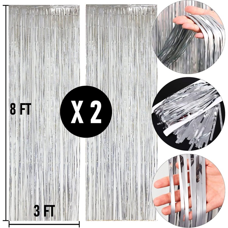 2 Pack Backdrop Curtain, 3FT x 8FT Metallic Tinsel Foil