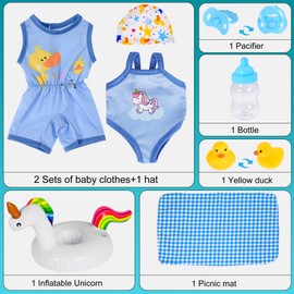 9pc Doll Clothes Accessories Set Include Romper, Bikini, Hat, Towel, Blanket, Nipple, Bottle, Swim Ring, Duck Toys For 43cm / 17inch Baby Dolls (No Doll)