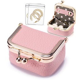 STILTOOL Genuine Leather Mini Jewelry Box Jewelry Case Portable Travel Mini Jewelry Organizer Vintage-Inspired Coin Purse with Kiss Lock Portable Storage for Rings Earrings Necklaces Bracelet (Pink)