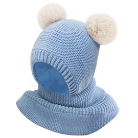 YMIFEEY Children's Slip-On Hat Girls Boys Scarf Hat Fleece Lined Knitted Hat with Bobble Cute Winter Warm Beanie Hat Children's Hat Bobble Hat Loop Scarves for Toddlers Children 2-6 Years Old, blue