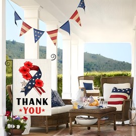 Memorial Day Garden Flags for Outdoor, Thank You Stars and Stripes Ribbon Poppy Small Summer Yard Decoration for Farmhouse Patriotic Independence Day, 4th of July Outside Decor 12x18 Inch Double Sided