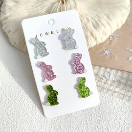 3 Pairs Easter Rabbit Earrings for Women Candy Color Bunny Stud Earring Glitter Easter Rabbit Earrings Rabbit Carrot Egg Earrings Spring Earring Easter Holiday Jewelry, 1.18inches×1.96inches, Acrylic,