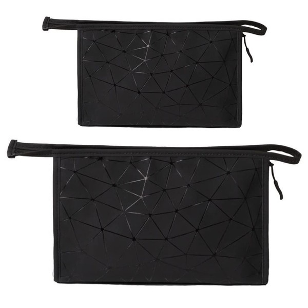 LATRAT 2 Pack Black PU Leather Wash Bag Cosmetic Bag Makeup Travel Waterproof Foldable Toiletry Bag for Men and Women for Travel Bathroom Gym, black