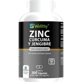 Wellthy Zinc, Cúrcuma Y Jengibre 300 Cápsulas. Sabor Sin Sabor                                                                                        