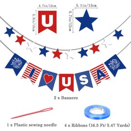 DACHUI 4th of July Patriotic Decorations Set, 36 Pcs Independence Day Party Set American Memorial Day Decor Accessories, USA Bunting Banners, Red White and Blue Balloons, Cupcake Toppers, Set 2