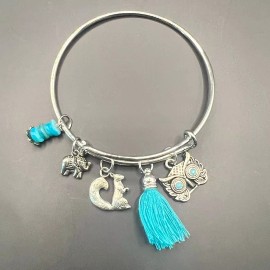 Alex and Ani Silver Bangle Bracelet Elephant Owl Chipmunk Charms Adjustable Blue