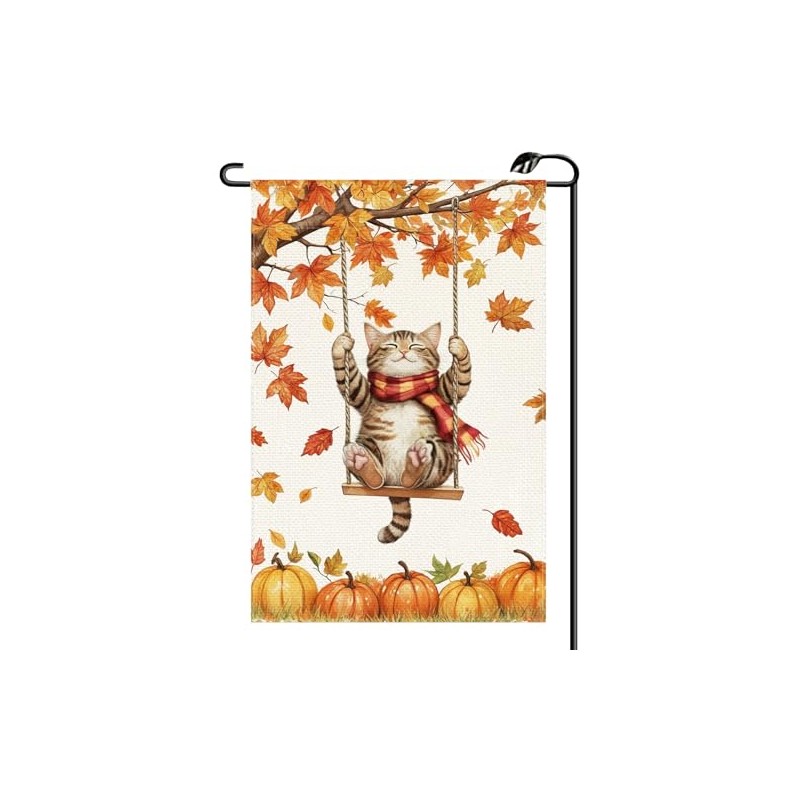 Fall Pumpkin Swing Cat Garden Flag 12x18 Inch Double Sided