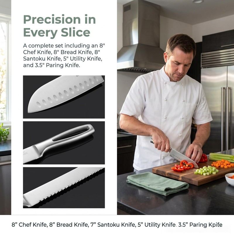 Silver Kitchen Knife Set of 5 - Satin Finish Blade