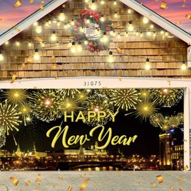New Year Garage Door Cover Decorations Banner Backdrop,2025 Happy New Year Eve Holiday Garage Door Cover Banner,Sparkly Fireworks Night Scene Clock Garage Door Mural Outdoor Holiday Decorations 7x16ft