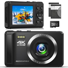 Digital Camera 4K 44MP Compact Camera with 16X Digital Zoom, Auto-Focus Kids Point and Shoot Digital Camera with 32GB SD Card, Portable Camera for Teens Kids Boys Girls… (Black, Compact)…