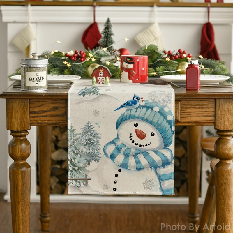 Artoid Mode Blue Snowman Christmas Table Runner, Seasonal Winter Kitchen