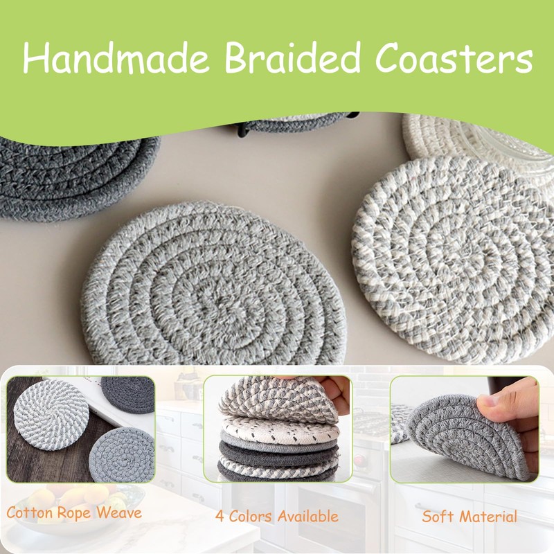Coasters 4-Pack Absorbent Handwoven Cotton Coaster Set, Non-Slip Drink Coasters