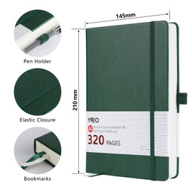 Notebook A5, Hardback A5 Notebook Thick Journal Notebook 320 Pages 100GSM A5 Lined Note Book Hardcover Notepad with Inner Pocket, Pen Loop, Elastic Closure and 2 Ribbon Page Marker,14.5 x 21cm-Green
