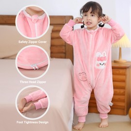 COOKY.D Unisex Baby Girls Flannel Long Sleeve Sleeping Bags with Legs Toddler Zipper Cartoon Wearable Blanket,Pink Rabbit 4-5 Years