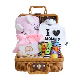 AKSHIRE 10PCS Newborn Baby Gifts Set, Baby Shower Gifts for Newborn Baby Girls & Baby Boys, Newborn Essentials Set with Fluffy Blanket,Bibs,Wrist & Socks Rattle for Gender Reveals,Birthdays,Christmas