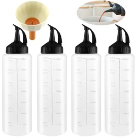 XUHN Squeeze Bottle with Caps, Pack of 4, 350 ml, Squeeze Bottle Made of Plastic, Condiment Bottles with Scale Sauce Bottle, Transparent Dosing Bottle for Ketchup, Reusable with Funnel