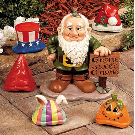 CE-AS 6-PC Garden Gnome Greeter Figure with 5 Seasonal Holiday Hats Set 10inch H