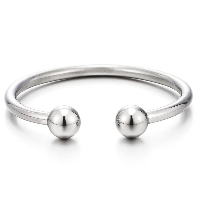 COOLSTEELANDBEYOND Elastic Adjustable Stainless Steel Ball Polished Cuff Bangle Bracelet
