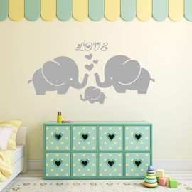 Large Cute Elephant Family with Hearts Wall Decals Baby Nursery Decor Kids Room Wall Stickers, (Large) 40''W x19''H, Grey