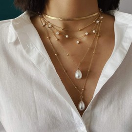 eartif Long Necklaces for Women Trendy Gold Layered Beaded Choker Necklaces Set Boho Jewelry for Women Western Choker Necklaces Stackable Snake Chain Statement Necklaces (Gold)
