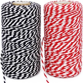 Leecogo Christmas Twine String, 2 Rolls 656 Feet Bakers Twine Cotton Twine String Natural Black Red White Butchers Twine String Cord for Gift Wrapping, Baking, Arts Crafts, Gardening,DIY,Home Decor