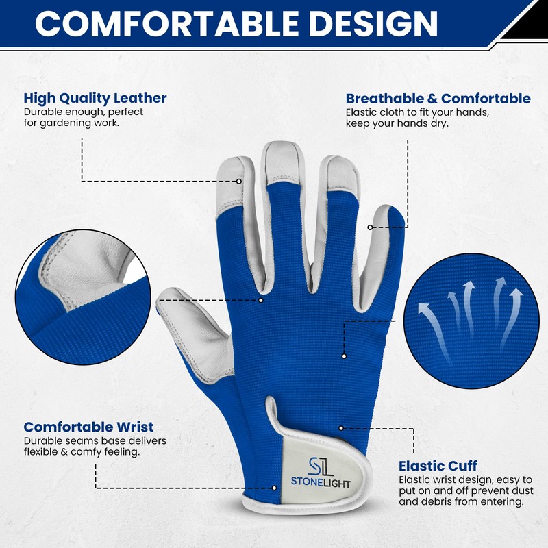 STONELIGHT Unisex Gardening Gloves Made with Leather & Spandex -