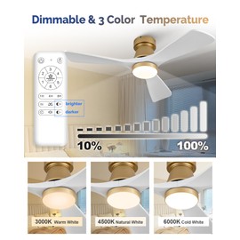 FUJIBONNY 42-Inch Gold Ceiling Fan with Lights, Remote Control, Flush Mount, Dimmable, Reversible, Wood Blades, Power-Off Memory, Quiet DC Motor – Modern Hugger Ceiling Fan for Indoor Outdoor