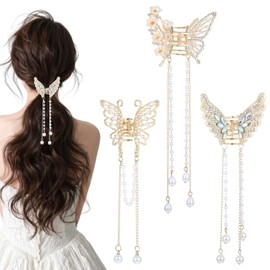3 Stück Haarspange Schmetterling, Haarklammer Gold Haarklammer Schmetterling Haarspangen Mädchen, Butterfly Haar Klammer Haaraccessoires Claw Clip für Frauen und Mädchen(Lange Perlenketten)