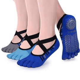 Ozaiic Yoga Socks for Women with Grips, Non-Slip Five Toe Socks for Pilates, Barre, Ballet, Fitness - Color: 3 Pairs-purple/Rose Red/Bean Red