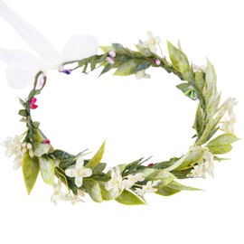 KorViSHOW White Flower Crowns Headband, Artificial Boho Floral Headpiece with Green Leaf, Fairy Forest Elven Headwear with Ribbon for Women Girls Bridal Wedding Renaissance Festivals Hair Accessories