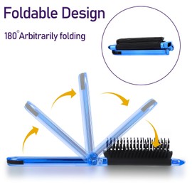 Folding Travel Hair Brush, Small Foldable Hairbrush Compact Hair Brush with Mirror and Round Tip Nylon Bristles for Women and Men, Portable Pocket Size Comb for Car Gym Bag Purse (Electroplating Blue)