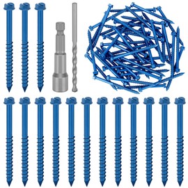Glarks 52pcs 1/4 x 3-1/4 Inch Slotted Hex Washer Head Concrete Screws Anchor Kit, Blue Heavy Duty Cement Screws with Drill Bits and Driver Bushes for Anchoring to Masonry, Stucco