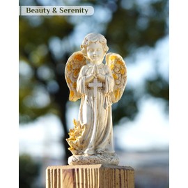 Solar Powered Angel Statue for Garden & Cemetery, 12" Waterproof Outdoor Angel Memorial Scupture for Patio, Yard, or Cemetery, Handcrafted Resin Praying Angel Figurine, Porch Guardian Angel with Light