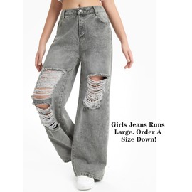 EXARUS Girls Wide Leg Jeans Baggy Denim Pants Ripped Distressed High Waisted Teen Casual with Pockets Kids Washed Grey 10Y