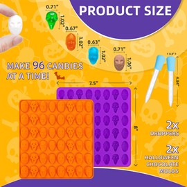 Halloween Chocolate Molds, KKDINDAN 3D Skull Silicone Gummy Molds, 96 Cavity 2 Pack Food Grade Mini Scary Characters Head Mold with 2 Droppers, Non-stick Candy Molds for Halloween Party Decoration