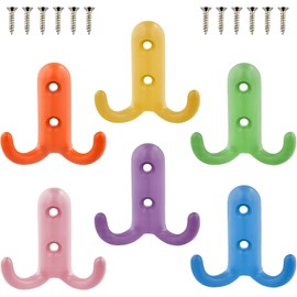 Litinliv Pack of 6 Children's Colourful Wall Hooks, Coat Hooks with Screws, Key Hooks, Wall Double Hooks, Wall Metal Hat Hooks, for Coat Hooks, Bathroom, Kitchen, Office
