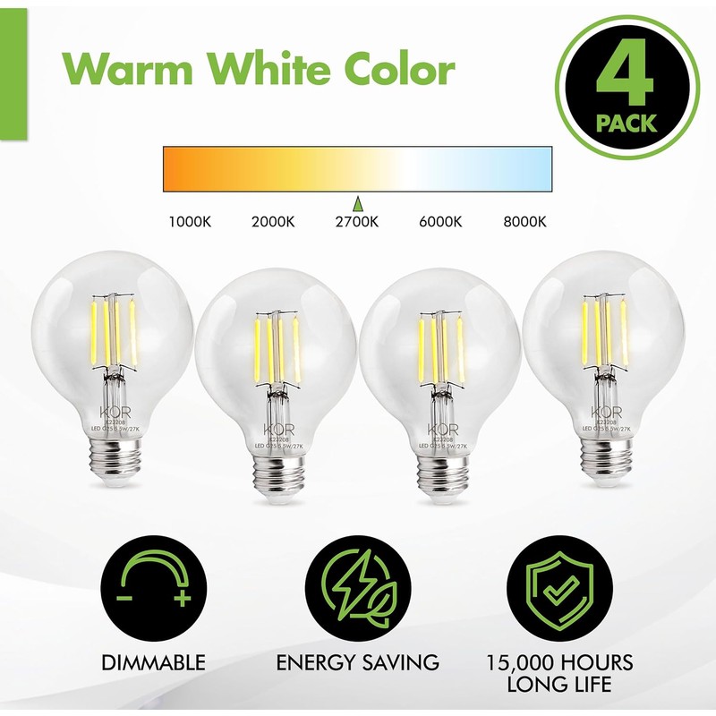 KOR 4 Pack 5.5W (60W Equivalent) Clear G25 Globe Led