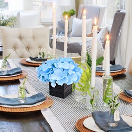 CVHOMEDECO. Blue Hydrangea with Wooden Vase Artificial Silk Hydrangeas in Black Wood Box for Home Decor. Idea for Wife, Him or Her, Valentines Day Mother's Day Birthday Love Gifts.