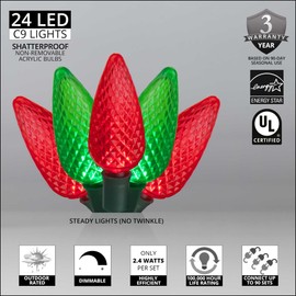 Wintergreen Lighting C9 Red and Green Christmas Lights Set of 24, 16.3 Ft, LED String Lights C9 Christmas Lights Red-Green Indoor-Outdoor LED