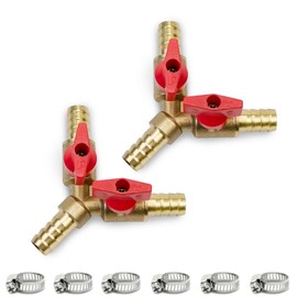 Bwintech 2 x 6 mm 3-way brass hose barb ball valve, Y shape 2 switch shut-off valve fitting with 6 pieces hose clamps
