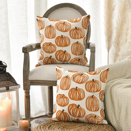 AVOIN colorlife Fall Lines Pumpkin White Pillow Covers, 18 x 18 Inch Seasonal Thanksgiving Harvest Cushion Case Decoration for Sofa Couch Set of 2