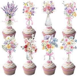 Deorfuy Wildflower Birthday Party Decorations - 40PCS Baby in Bloom Cupcake Toppers Decoration Floral Cupcake Picks Bday Bow Decor Flower Theme Baby Shower Supplies for Girls Women