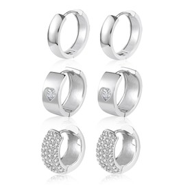 ALEXCRAFT 3 Pairs, Silver 925 Hoop Earrings Set, Women's 14 Carat, Gold-Plated Jewellery, Hypoallergenic, Oval, Chunky, Light, Wide, Earrings, Glitter, Small, Women, Men, Silver, Cubic Zirconia