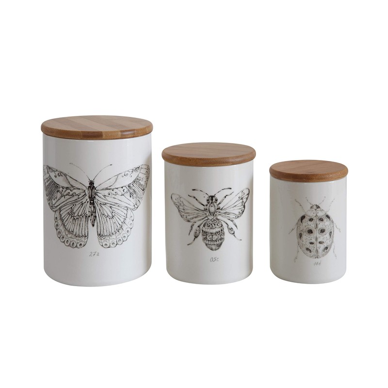 Creative Co-Op White Stoneware Jar with Bee Image & Bamboo