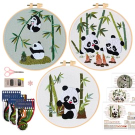 JSRQT 3 Sets Embroidery Starter Kit for Beginners Adults, Stamped Cross Stitch Kit with Panda Pattern, DIY Craft Handmade Needlepoint Embroidery Kit for Craft Lovers with Tool Kit, DIY Home Decoration