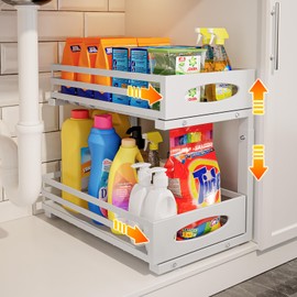 mixeshop Under Sink Organizers and Storage, Pull Out Kitchen Cabinet Organizer, 2 Tier Slide Out Steel Under Sink Storage Shelf for Kitchen Pantry Bathroom, White 1 Pack